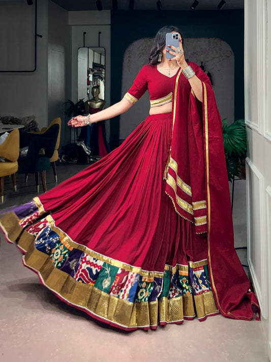 Rayon Printed Lehenga with Embossed Lace & Ghughari Dupatta