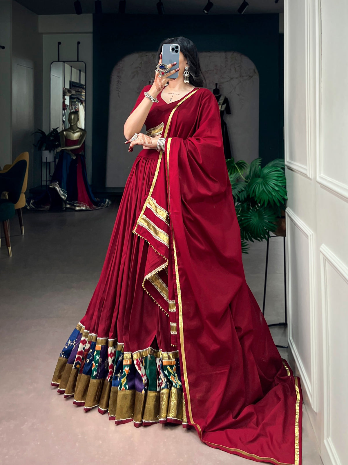 Rayon Printed Lehenga with Embossed Lace & Ghughari Dupatta