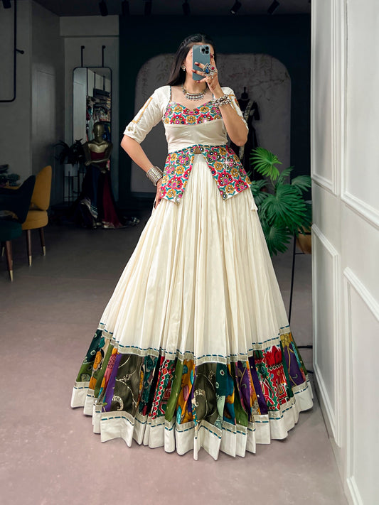 Khadi Cotton Lehenga with Multicolor Panel Border & Gamthi Blouse