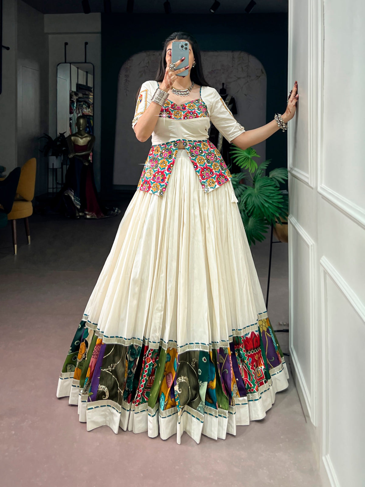 Khadi Cotton Lehenga with Multicolor Panel Border & Gamthi Blouse