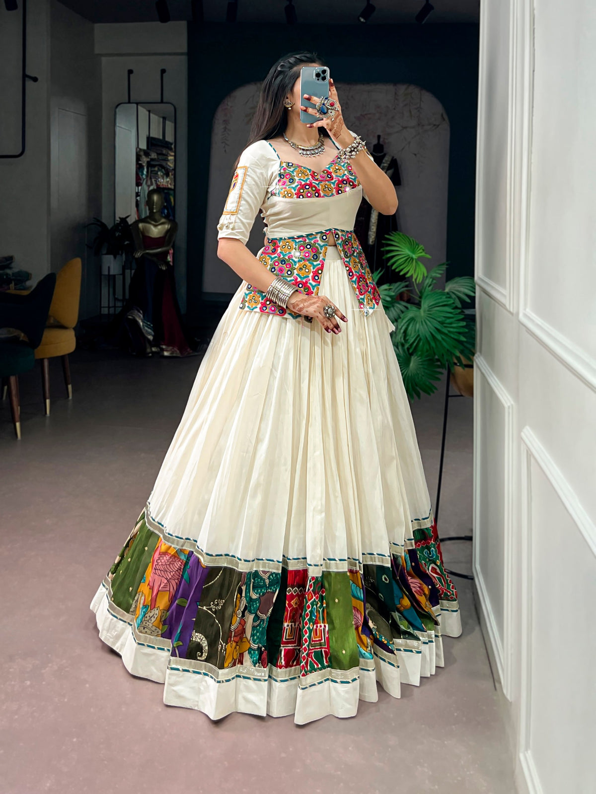 Khadi Cotton Lehenga with Multicolor Panel Border & Gamthi Blouse