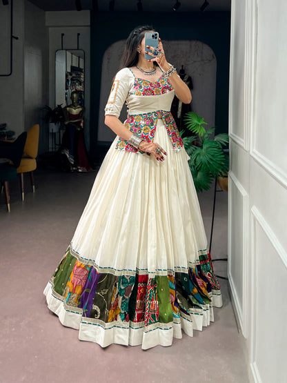 Khadi Cotton Lehenga with Multicolor Panel Border & Gamthi Blouse