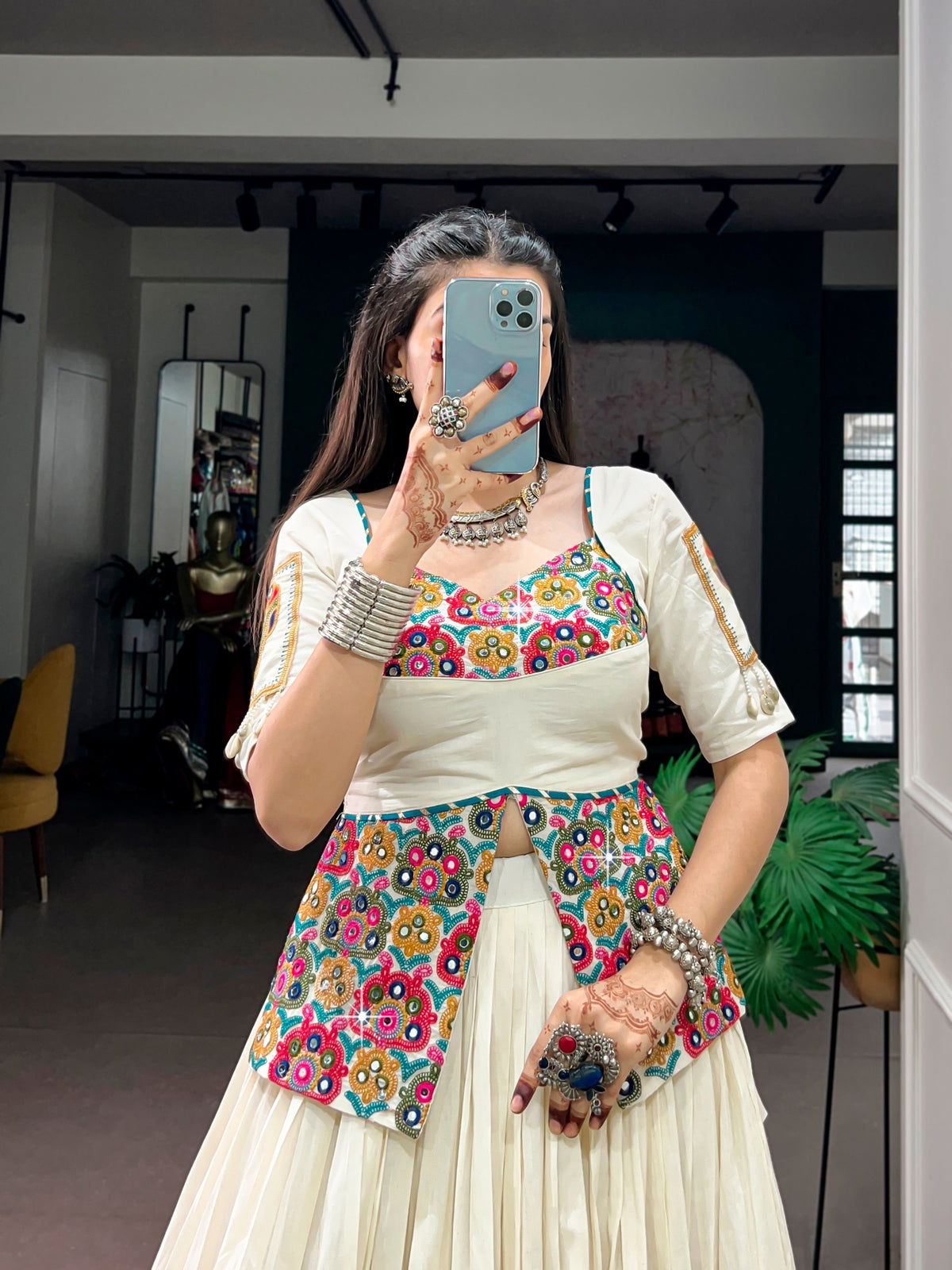 Khadi Cotton Lehenga with Multicolor Panel Border & Gamthi Blouse