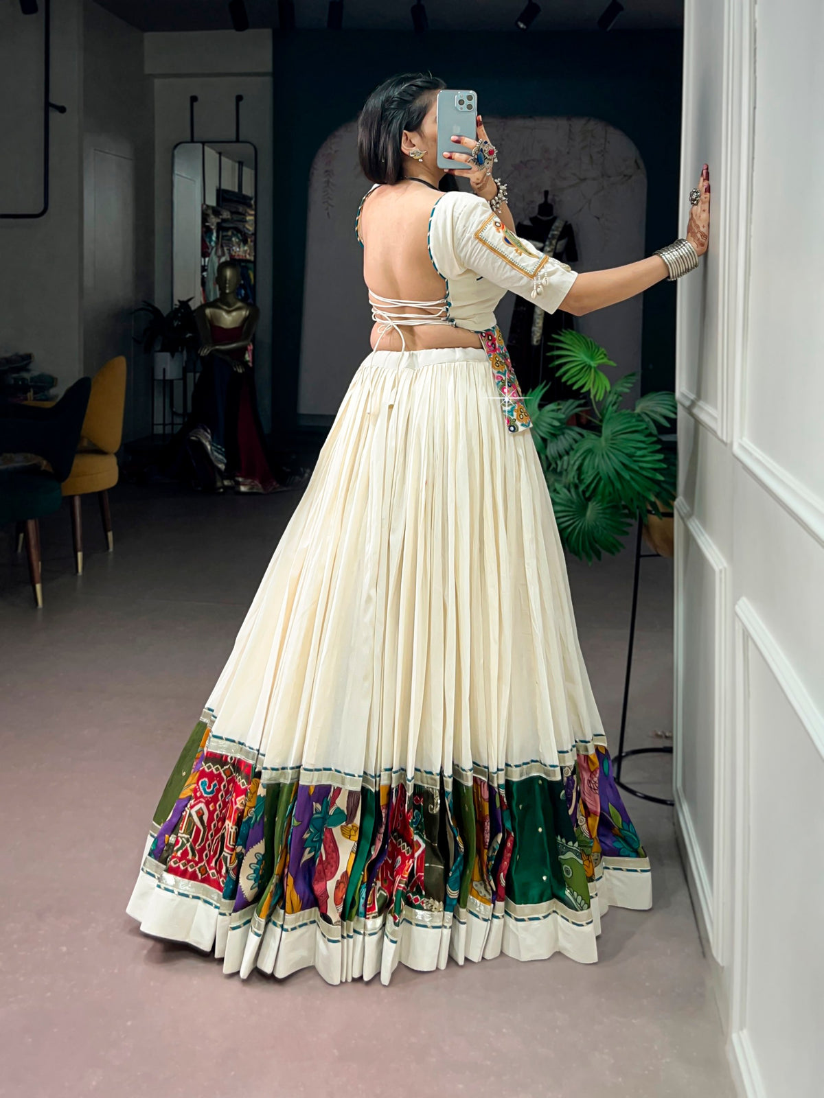 Khadi Cotton Lehenga with Multicolor Panel Border & Gamthi Blouse