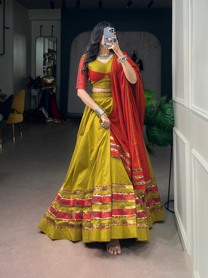 Dhabu Cotton Lehenga with Embossed Design & Ghughri Lace