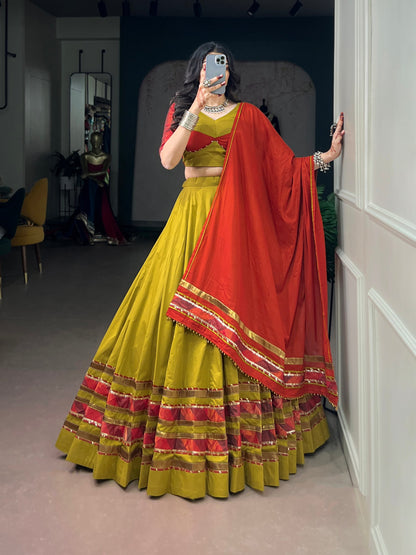 Dhabu Cotton Lehenga with Embossed Design & Ghughri Lace