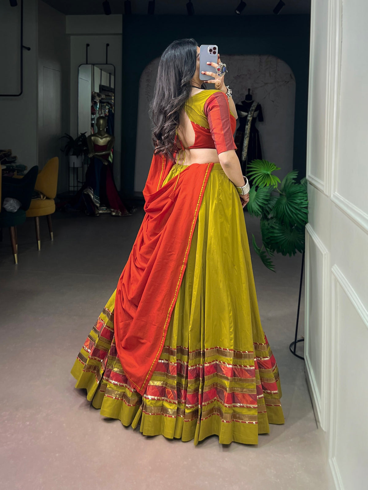 Dhabu Cotton Lehenga with Embossed Design & Ghughri Lace