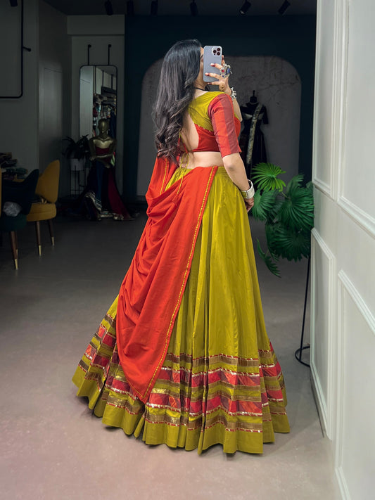 Dhabu Cotton Lehenga with Embossed Design & Ghughri Lace