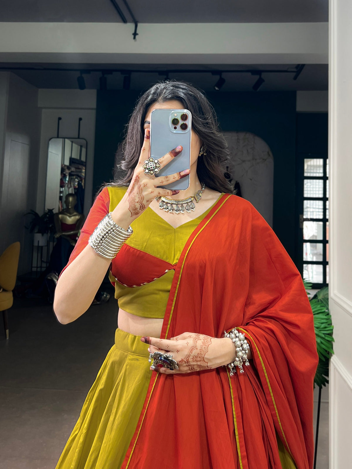 Dhabu Cotton Lehenga with Embossed Design & Ghughri Lace