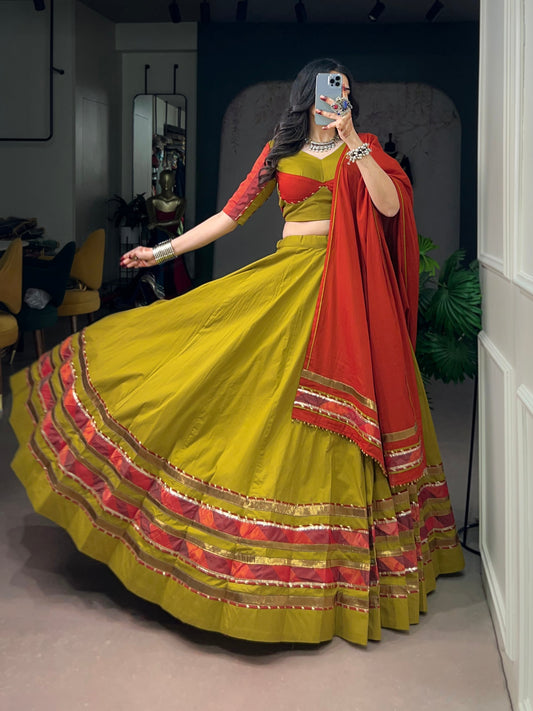 Dhabu Cotton Lehenga with Embossed Design & Ghughri Lace