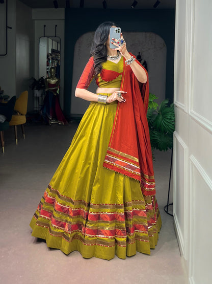 Dhabu Cotton Lehenga with Embossed Design & Ghughri Lace