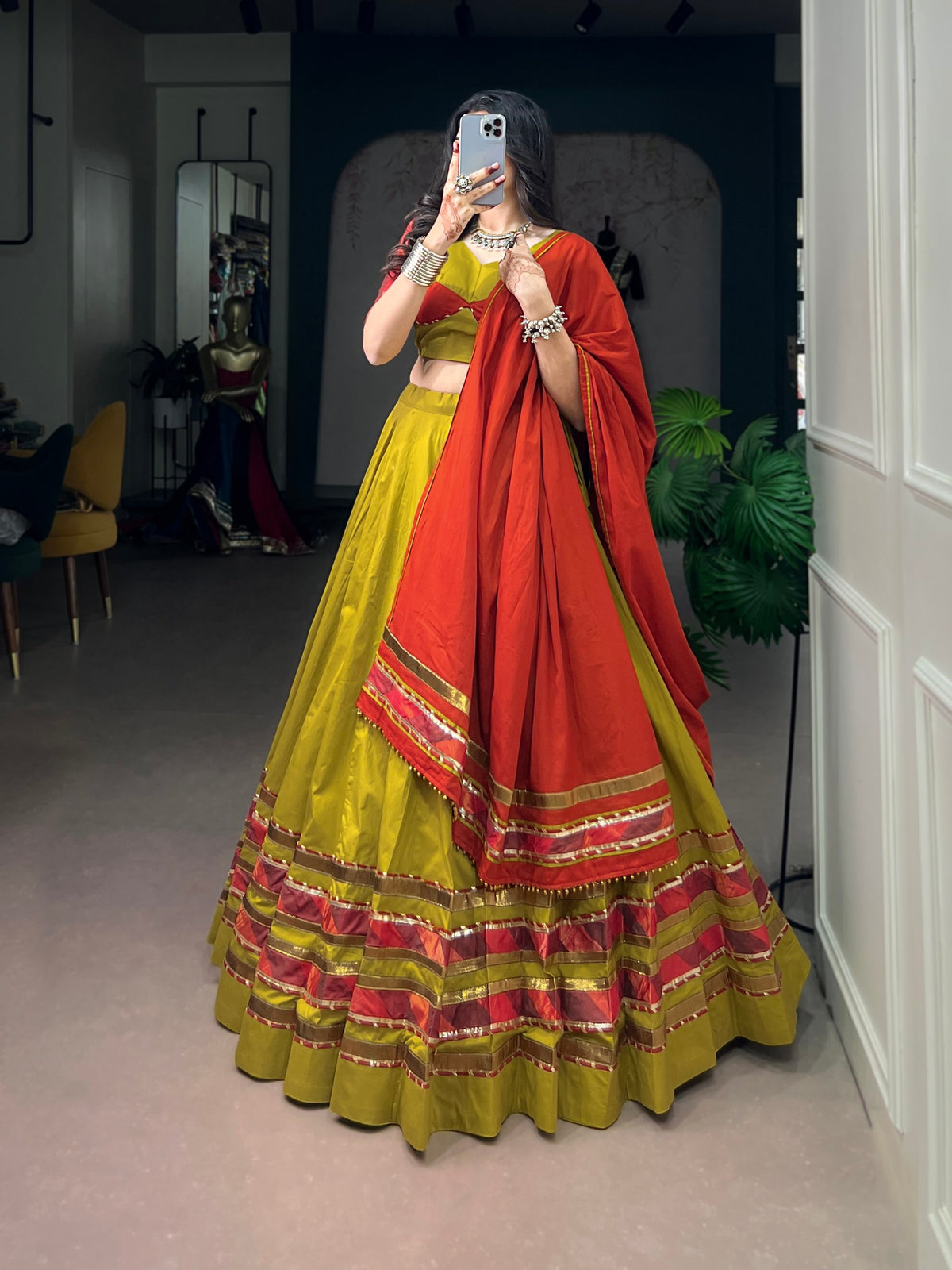 Dhabu Cotton Lehenga with Embossed Design & Ghughri Lace