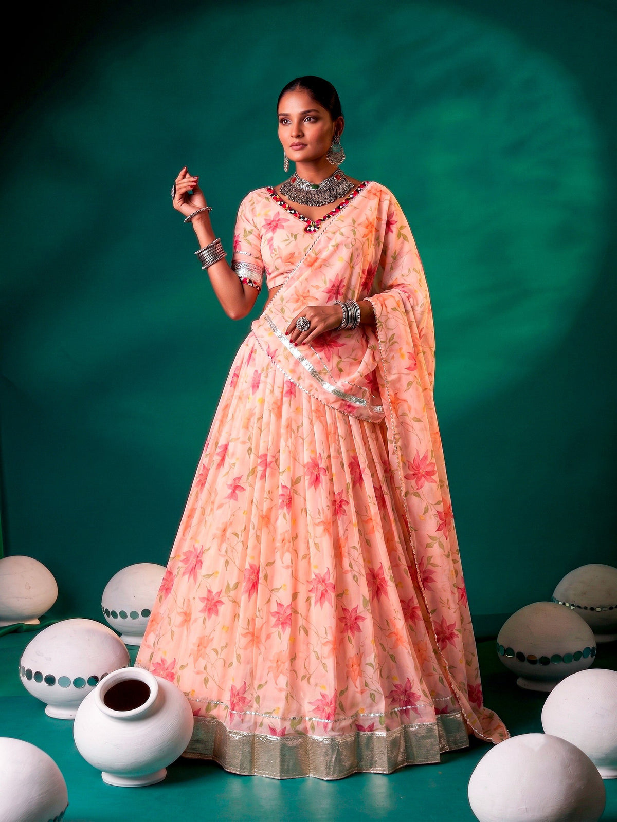 Floral Tabby Silk Lehenga with Mirror & Gotta Patti Detailing