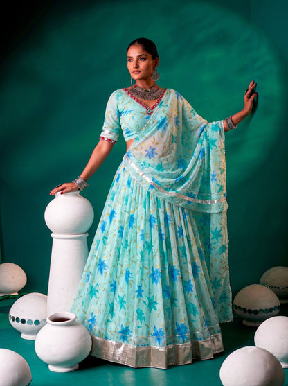 Floral Tabby Silk Lehenga with Mirror & Gotta Patti Detailing