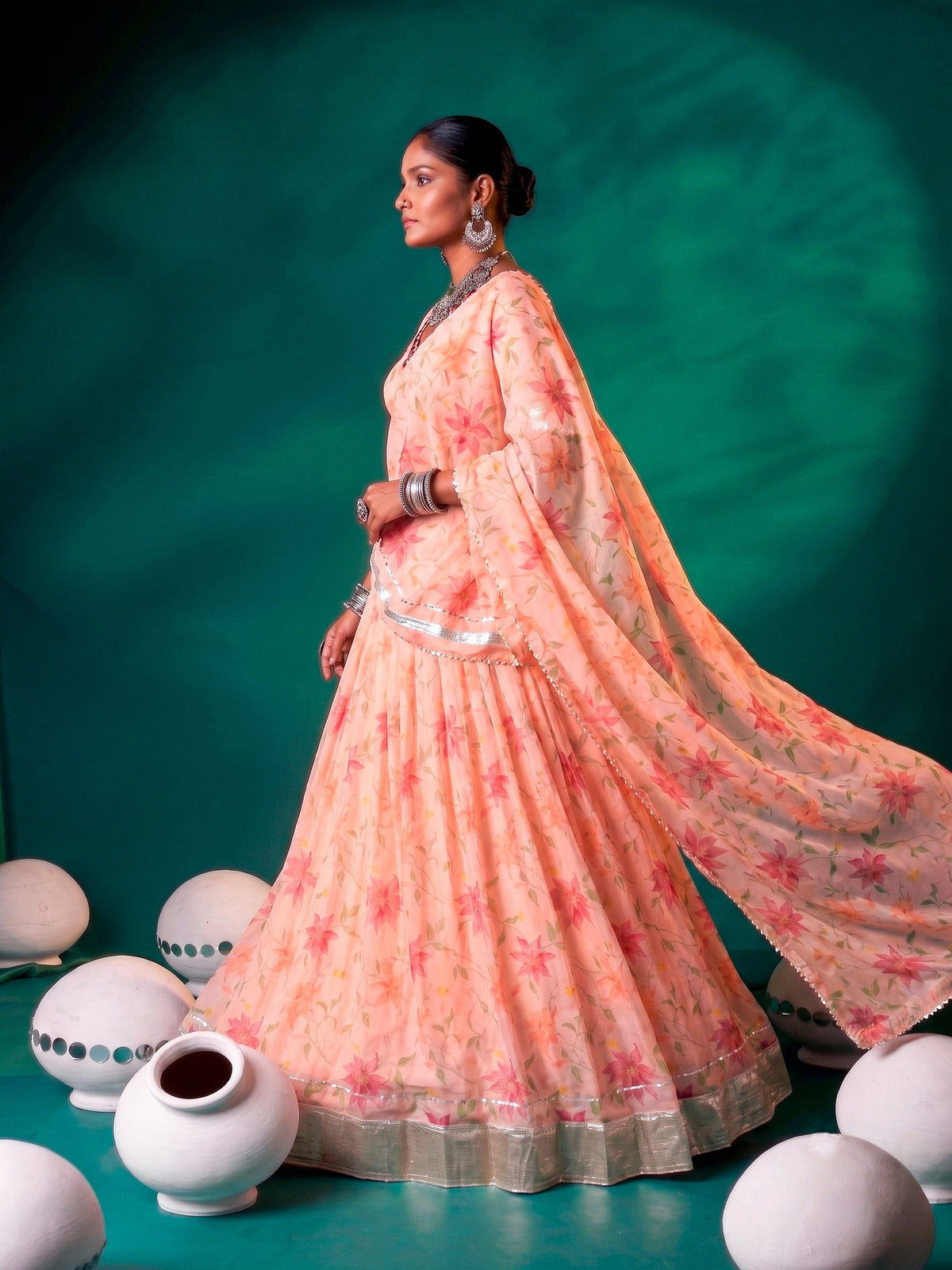 Floral Tabby Silk Lehenga with Mirror & Gotta Patti Detailing