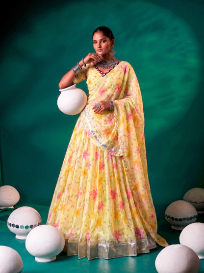 Floral Tabby Silk Lehenga with Mirror & Gotta Patti Detailing