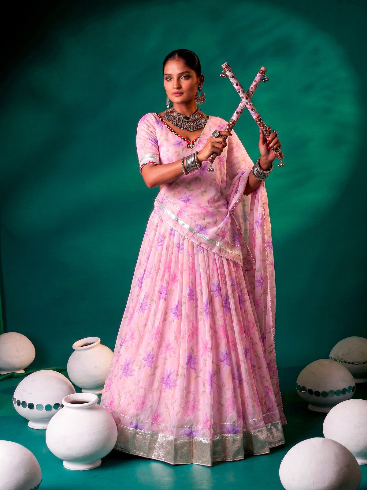 Floral Tabby Silk Lehenga with Mirror & Gotta Patti Detailing