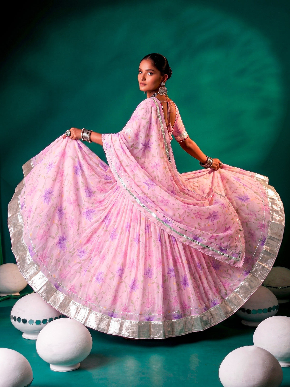 Floral Tabby Silk Lehenga with Mirror & Gotta Patti Detailing