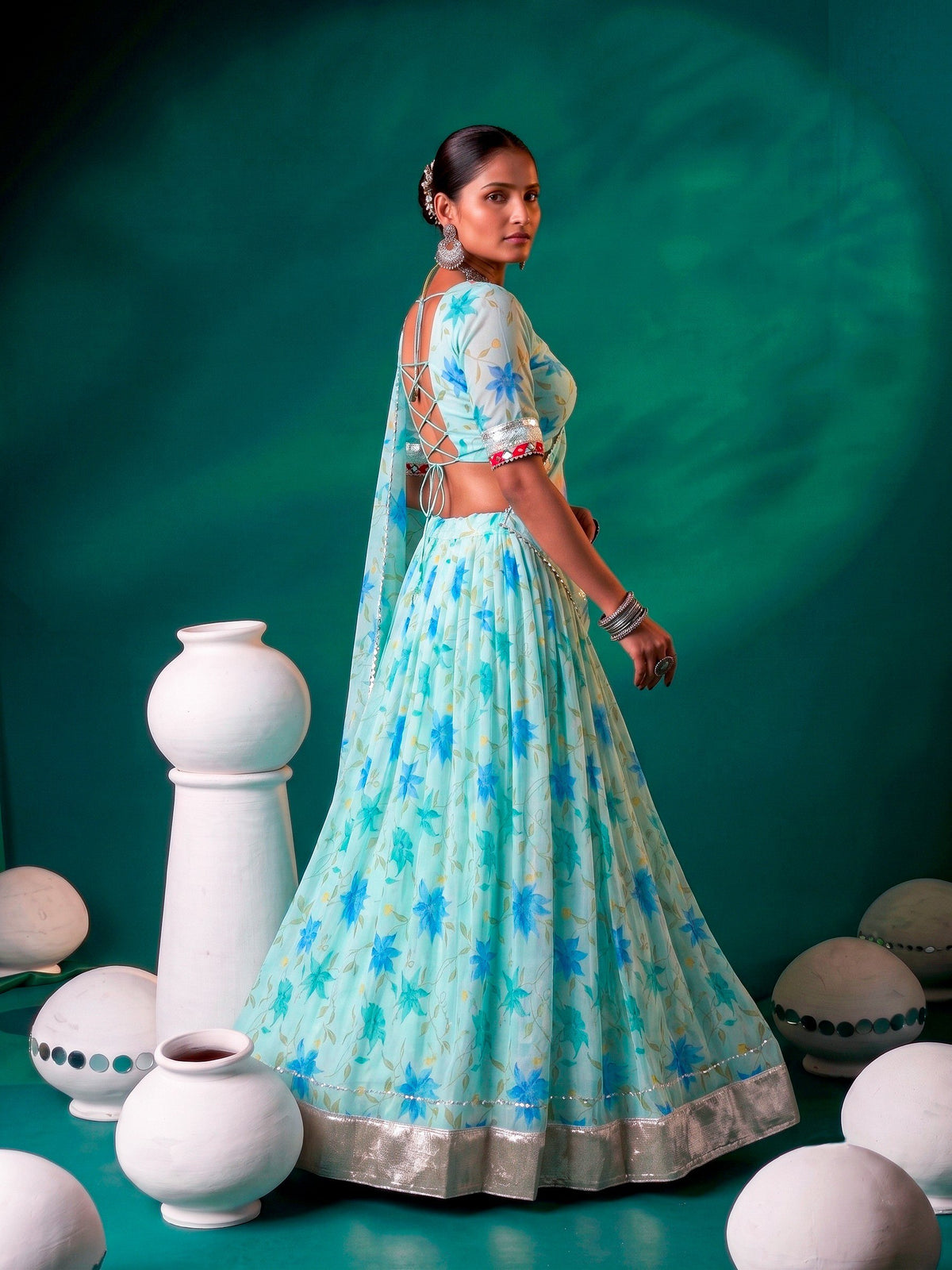 Floral Tabby Silk Lehenga with Mirror & Gotta Patti Detailing