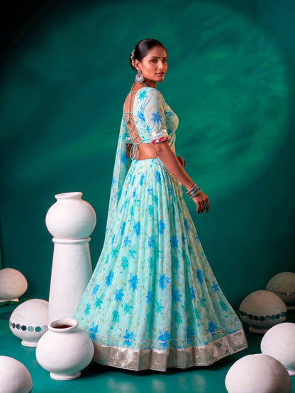 Floral Tabby Silk Lehenga with Mirror & Gotta Patti Detailing