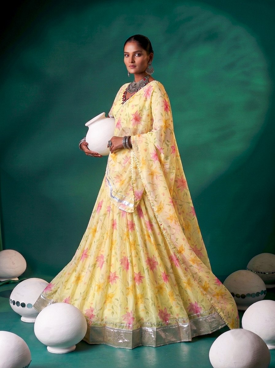 Floral Tabby Silk Lehenga with Mirror & Gotta Patti Detailing