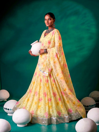 Floral Tabby Silk Lehenga with Mirror & Gotta Patti Detailing