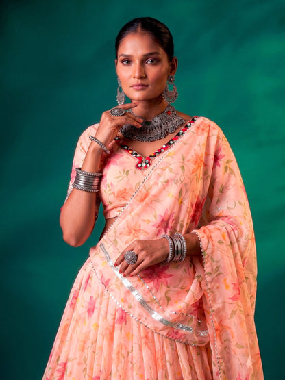 Floral Tabby Silk Lehenga with Mirror & Gotta Patti Detailing