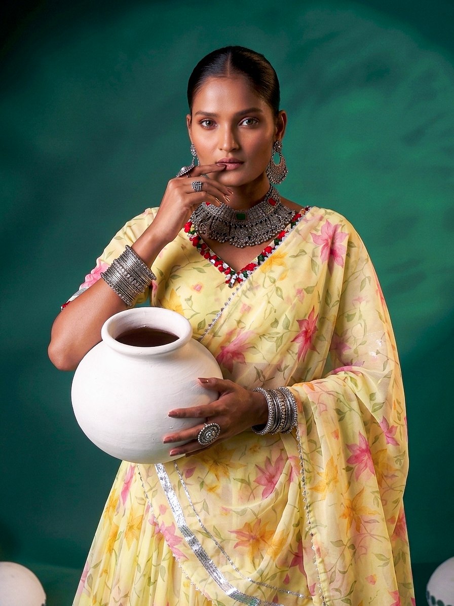 Floral Tabby Silk Lehenga with Mirror & Gotta Patti Detailing