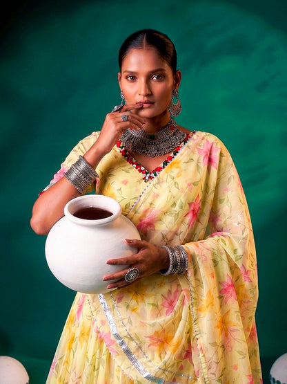 Floral Tabby Silk Lehenga with Mirror & Gotta Patti Detailing