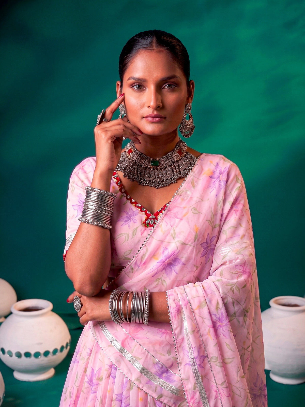 Floral Tabby Silk Lehenga with Mirror & Gotta Patti Detailing