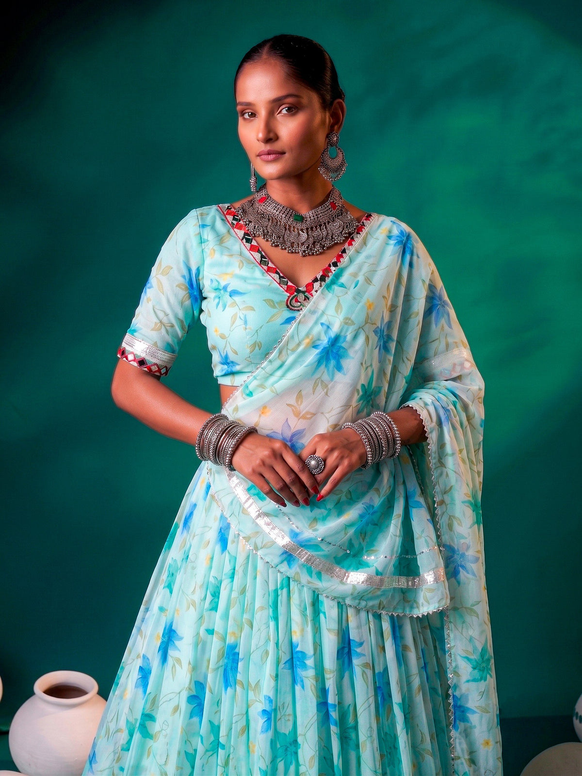 Floral Tabby Silk Lehenga with Mirror & Gotta Patti Detailing