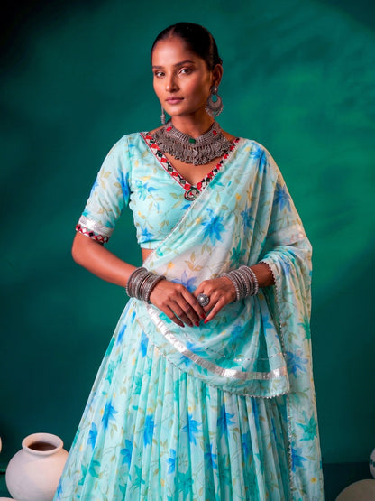Floral Tabby Silk Lehenga with Mirror & Gotta Patti Detailing
