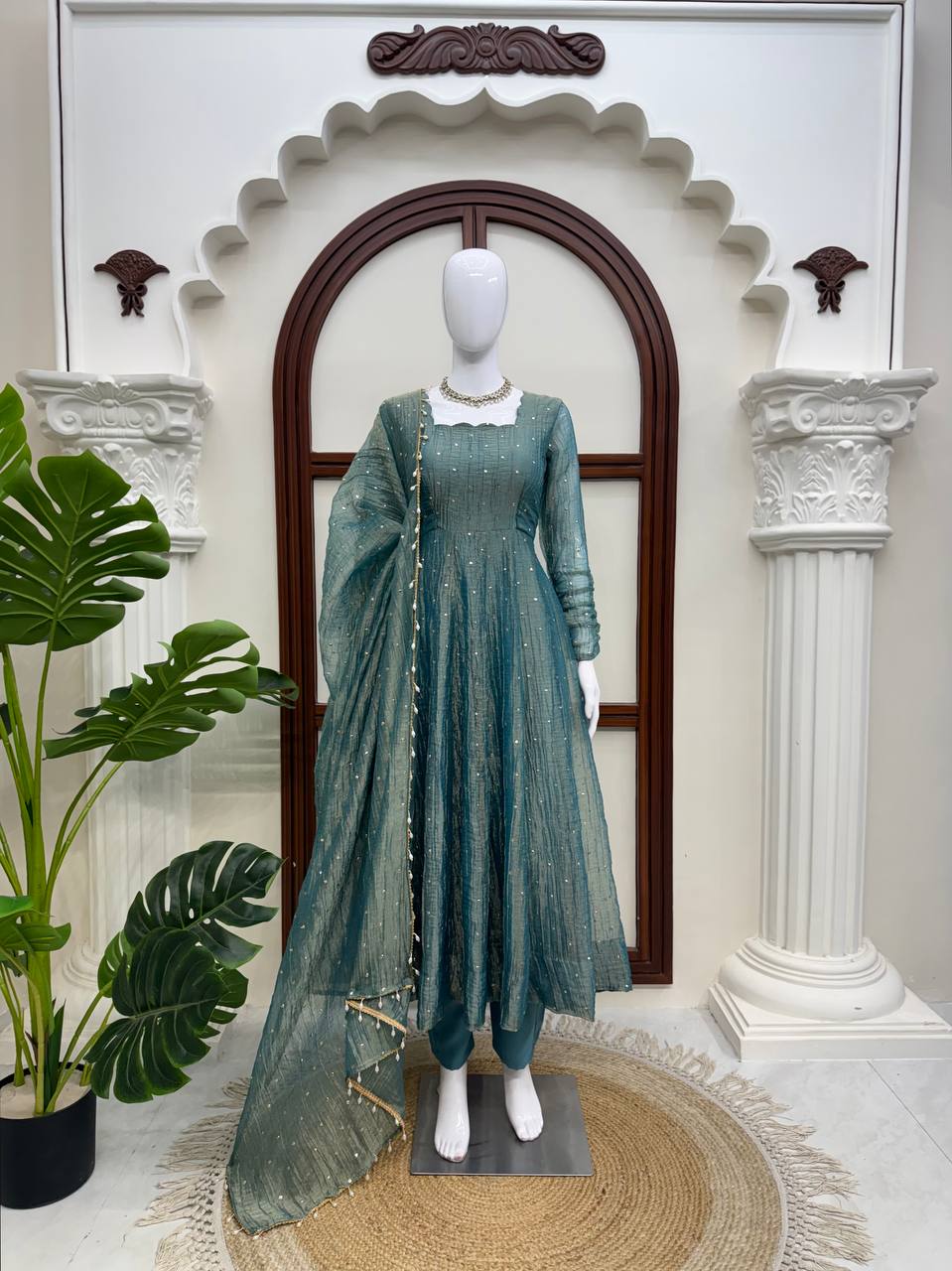 Dusty Teal Foil Work Gown Set with Pants & Dupatta