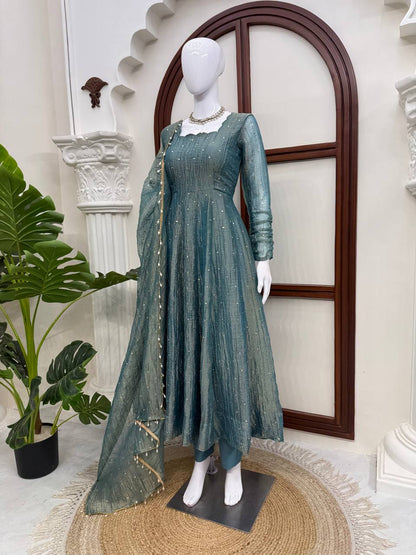 Dusty Teal Foil Work Gown Set with Pants & Dupatta
