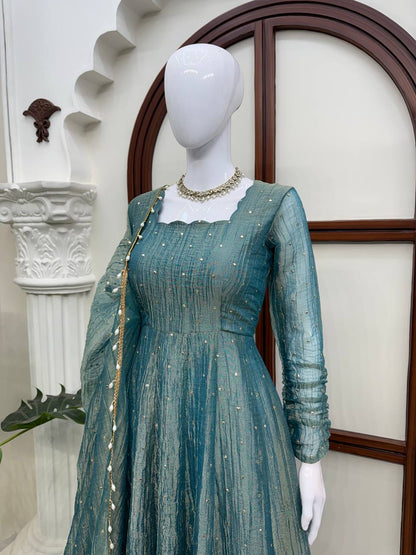 Dusty Teal Foil Work Gown Set with Pants & Dupatta
