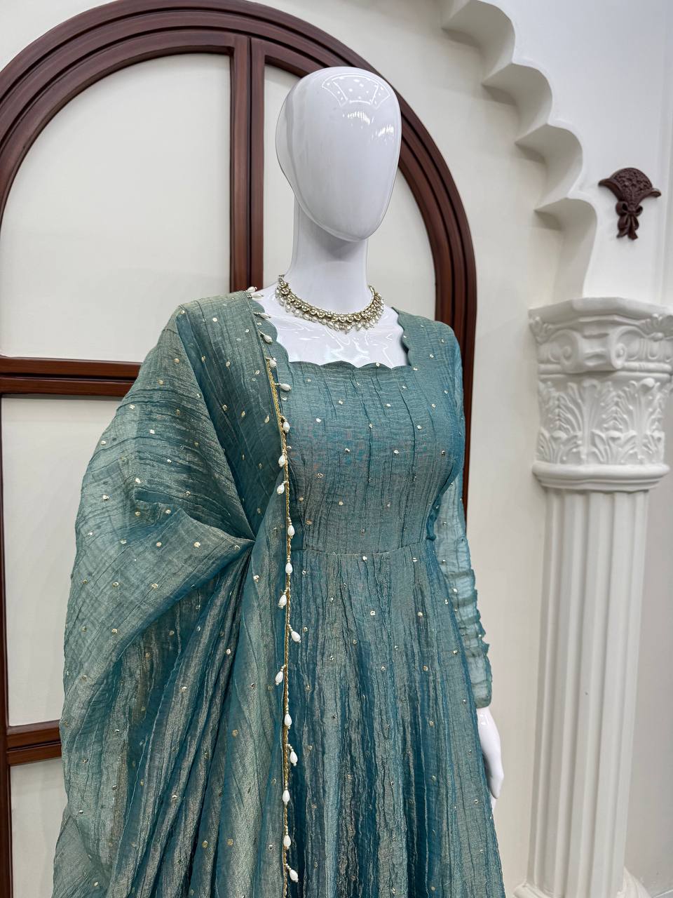 Dusty Teal Foil Work Gown Set with Pants & Dupatta