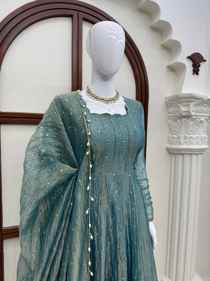 Dusty Teal Foil Work Gown Set with Pants & Dupatta