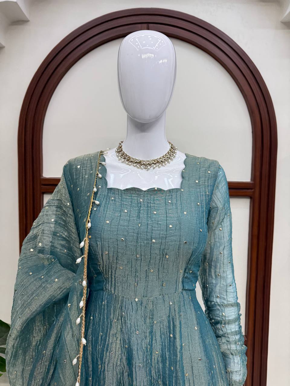 Dusty Teal Foil Work Gown Set with Pants & Dupatta