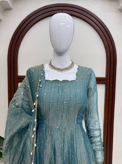 Dusty Teal Foil Work Gown Set with Pants & Dupatta