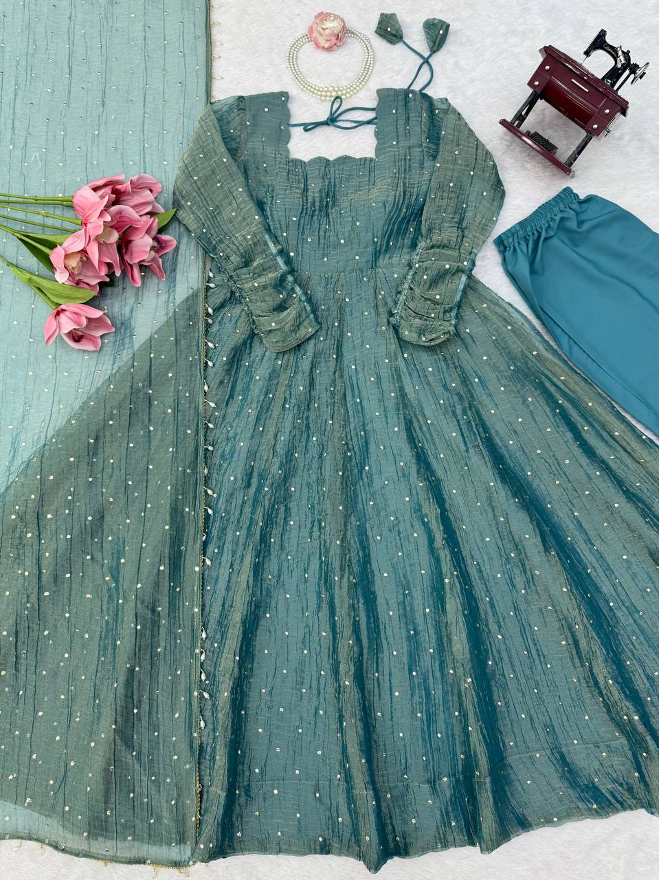 Dusty Teal Foil Work Gown Set with Pants & Dupatta