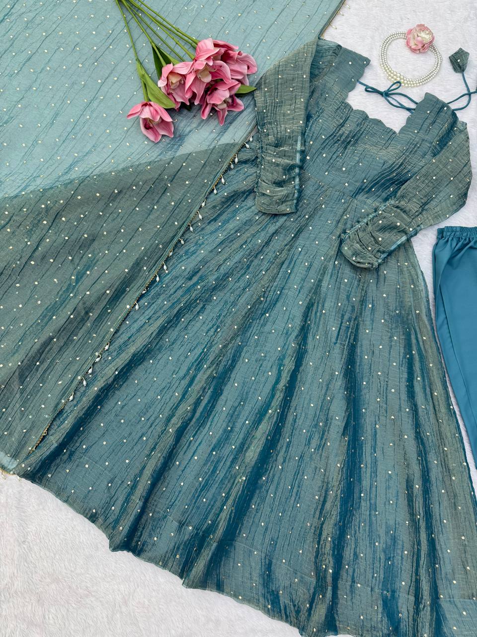 Dusty Teal Foil Work Gown Set with Pants & Dupatta