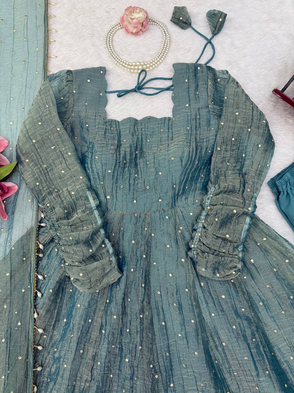 Dusty Teal Foil Work Gown Set with Pants & Dupatta