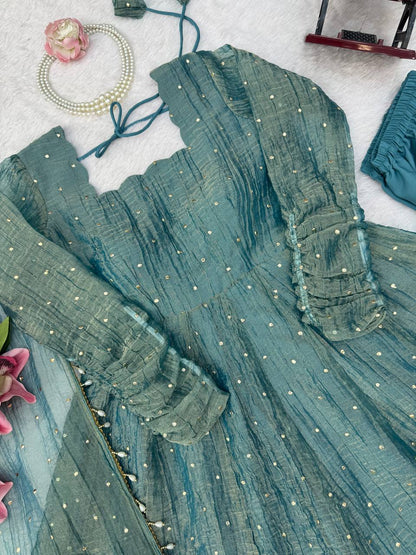 Dusty Teal Foil Work Gown Set with Pants & Dupatta