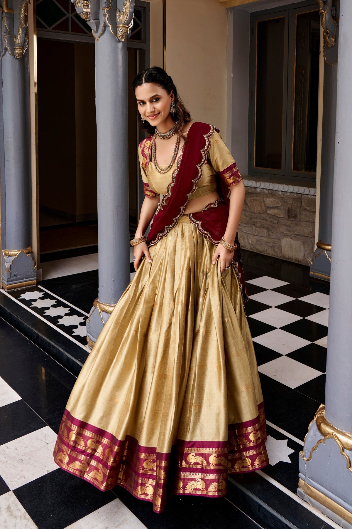 Cotton Silk Lehenga Choli with Zari Weaving Border & Embroidered Dupatta