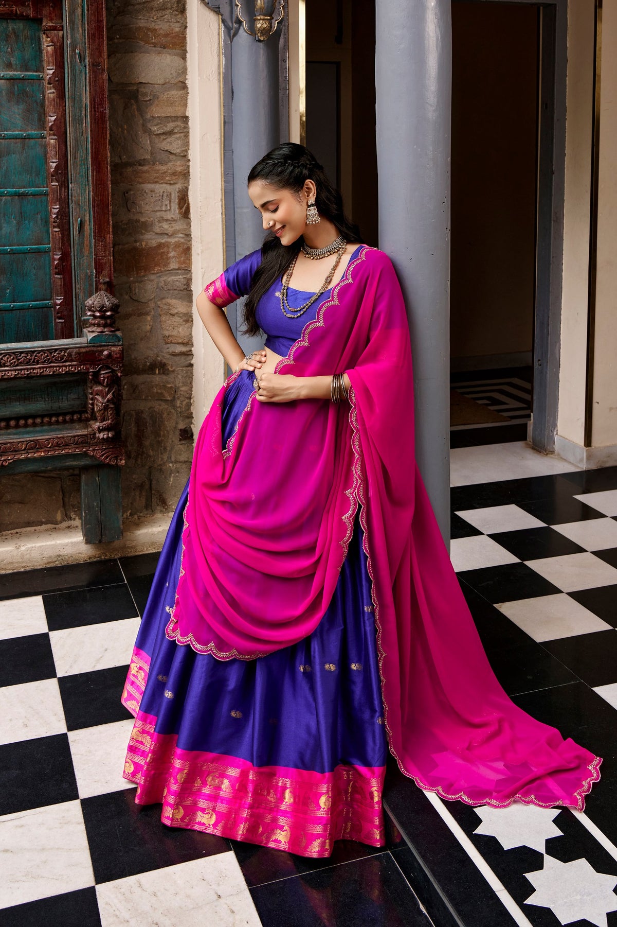 Cotton Silk Lehenga Choli with Zari Weaving Border & Embroidered Dupatta