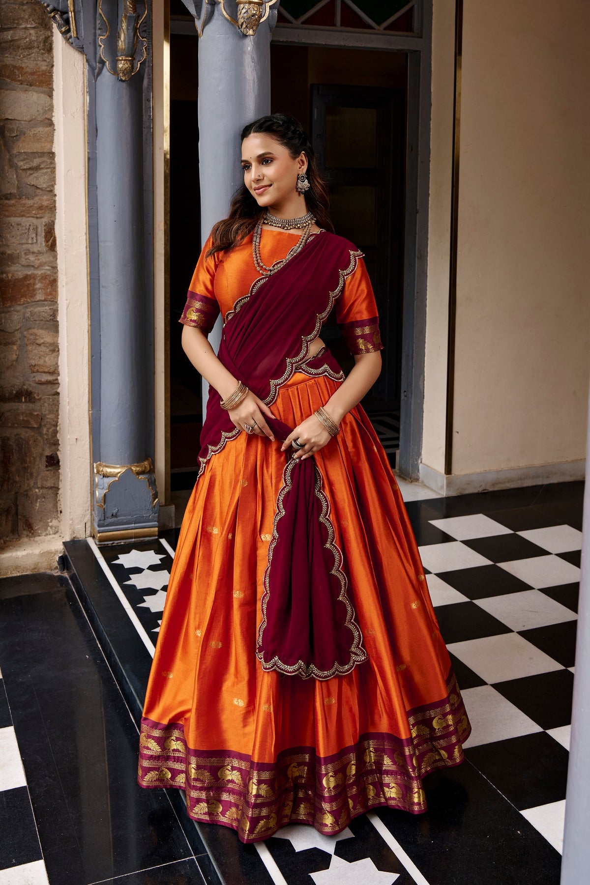 Cotton Silk Lehenga Choli with Zari Weaving Border & Embroidered Dupatta