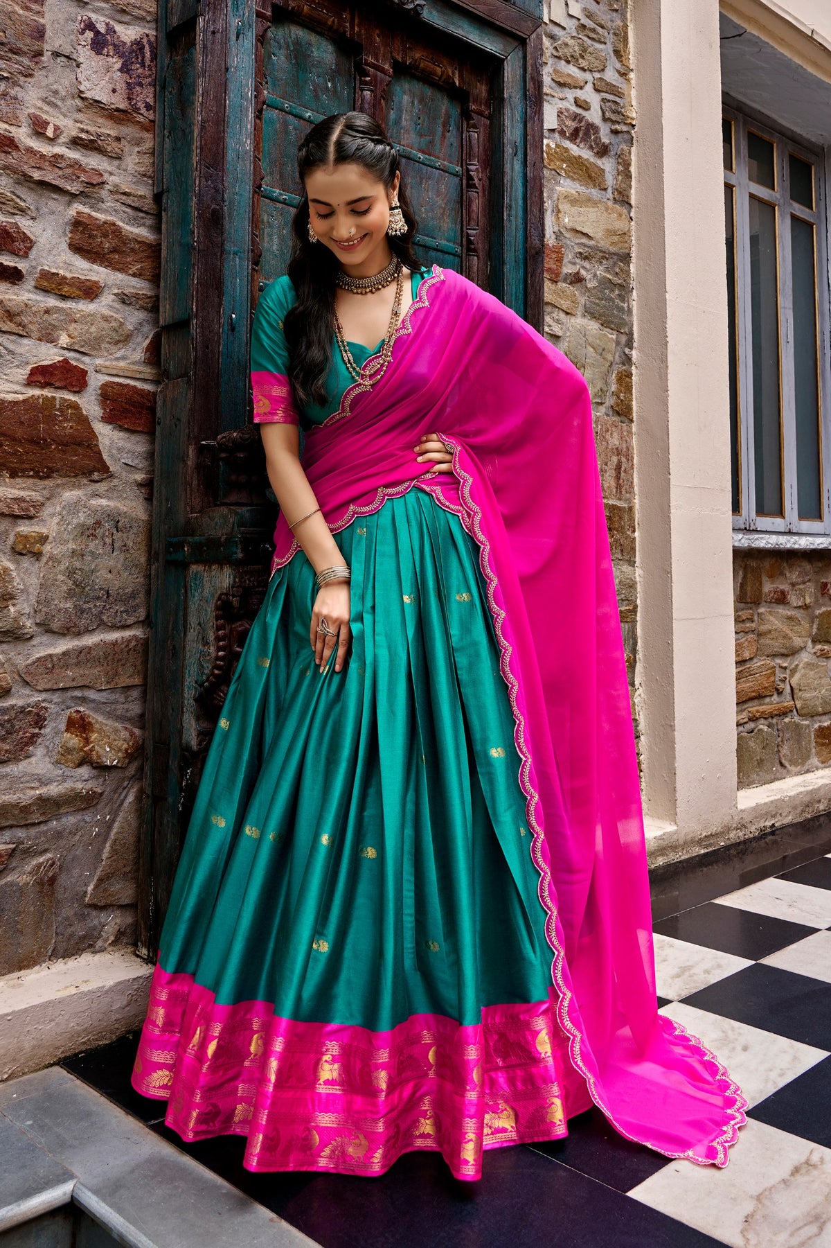 Cotton Silk Lehenga Choli with Zari Weaving Border & Embroidered Dupatta