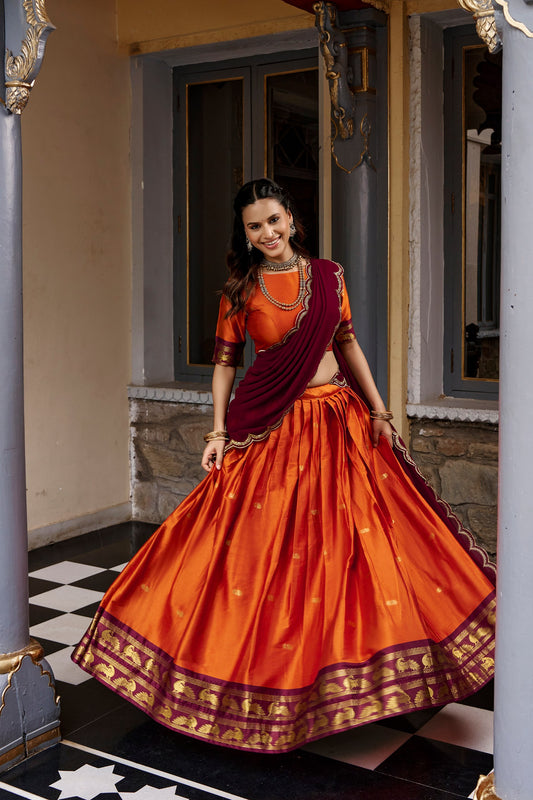 Cotton Silk Lehenga Choli with Zari Weaving Border & Embroidered Dupatta