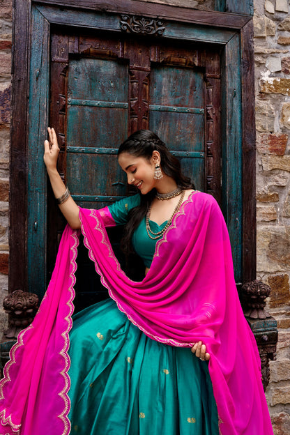 Cotton Silk Lehenga Choli with Zari Weaving Border & Embroidered Dupatta