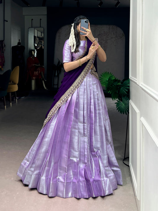 Lavender Jacquard Silk Lehenga Choli with Weaving Work & Sequin Dupatta
